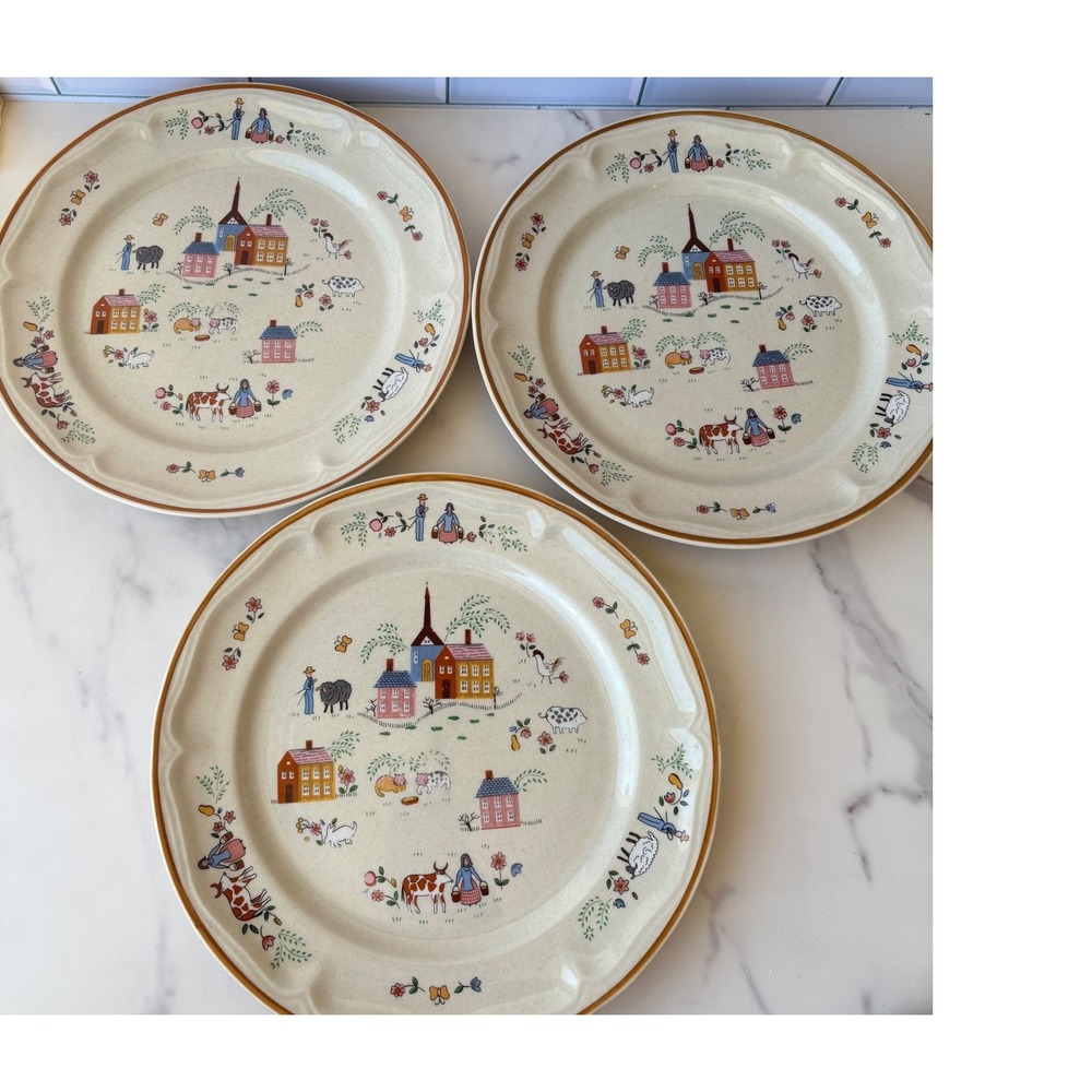 Vtg Newcor Our Country Dinner Plates Set of 3 Stoneware Cottage Farm Folk Art
